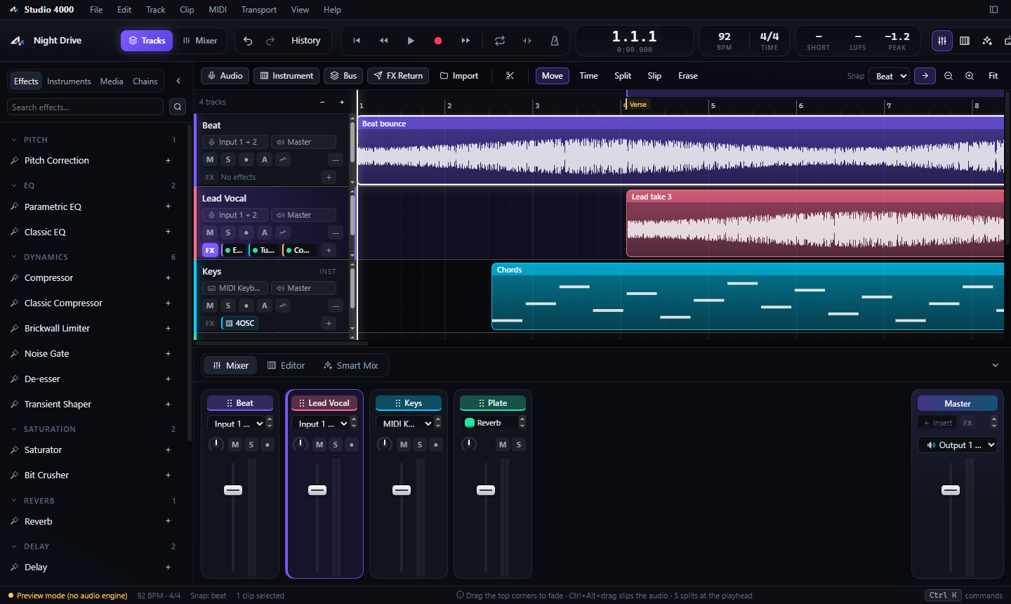 Arrangement view of a session named Night Drive, with Beat, Lead Vocal, Keys, and Plate tracks.