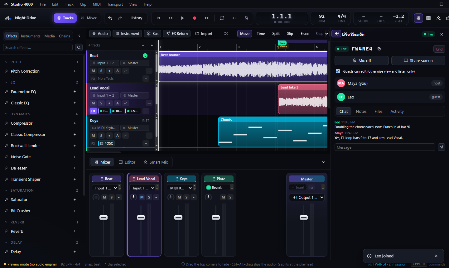 Live session panel with room code FW4N E4, host Maya, guest Leo, and a chat about the chorus.