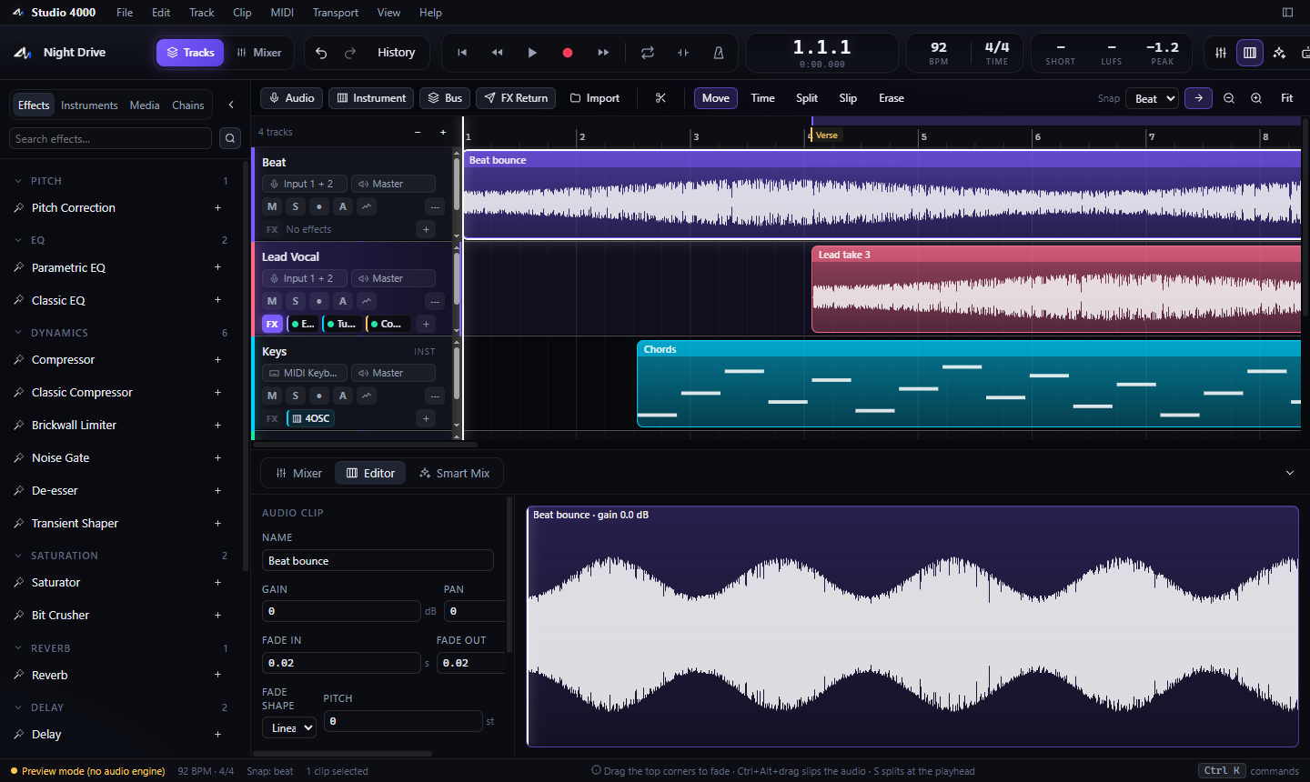 Clip editor showing the Beat bounce waveform, with gain, pan, fades, and pitch.