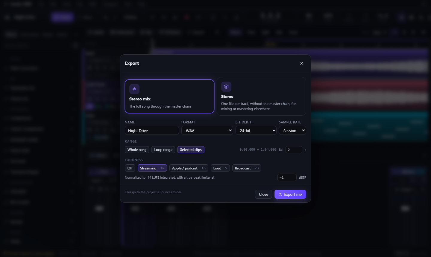 Export window for a stereo mix or stems, WAV, 24-bit, with a streaming loudness target.