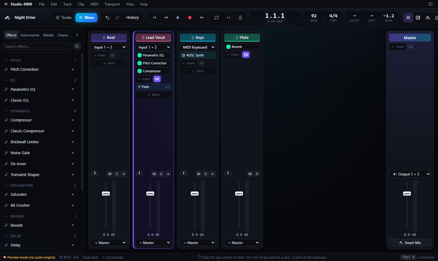 Mixer with Beat, Lead Vocal, Keys, Plate, and Master. Faders read 0.0 dB.