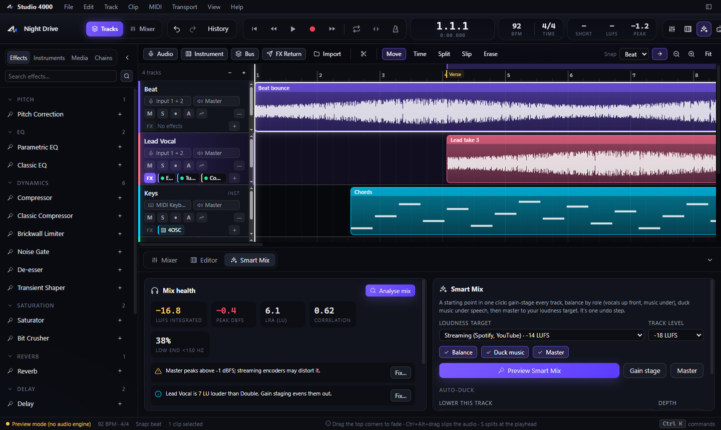 Smart Mix panel with loudness, balance, duck music, and a streaming target of minus 14 LUFS.