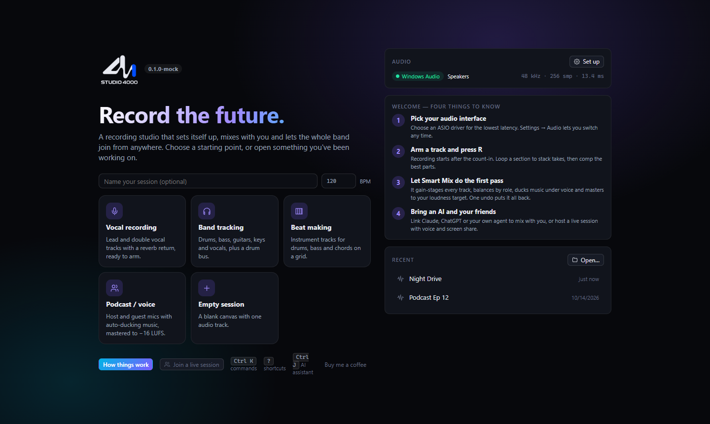 Studio 4000 welcome screen: Record the future, with vocal, band, beat, and podcast starts.